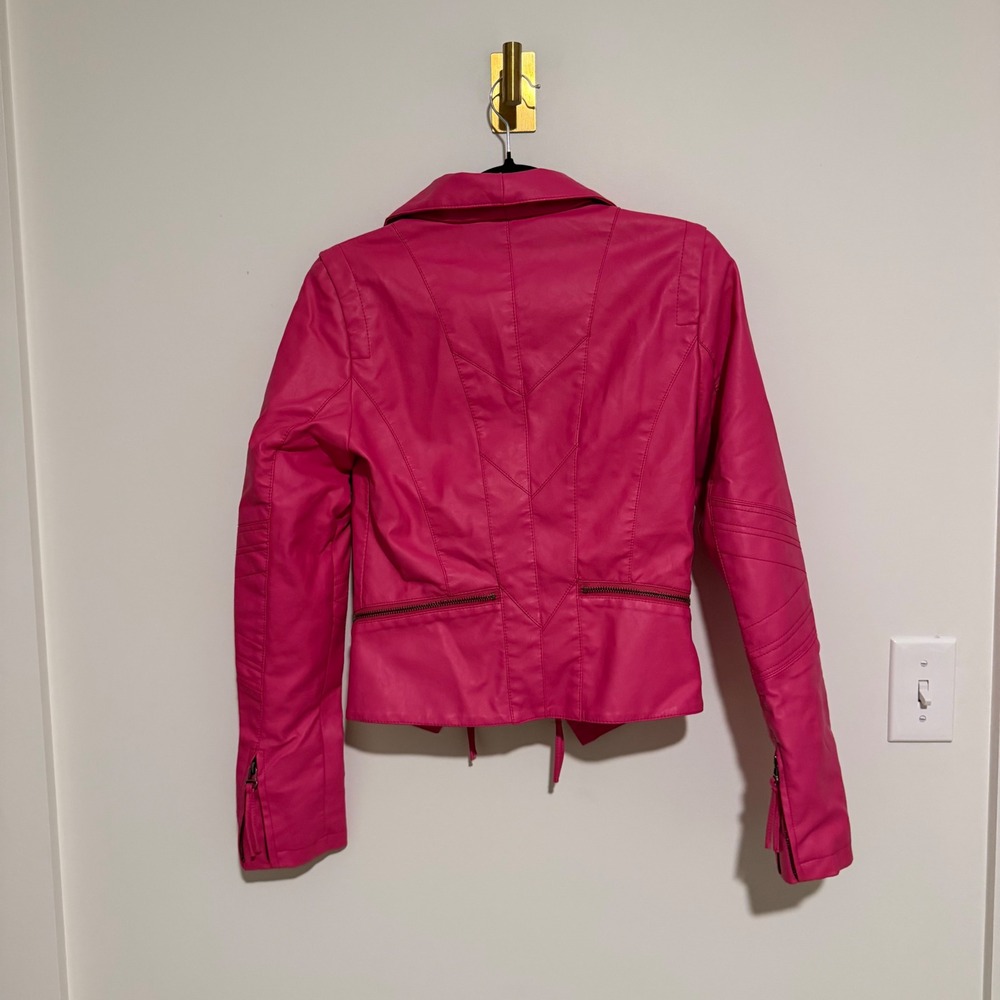 Lulus Hot Pink Vegan Faux Leather Moto Jacket Asymmetrical Zip Womens Size S - Picture 3 of 4